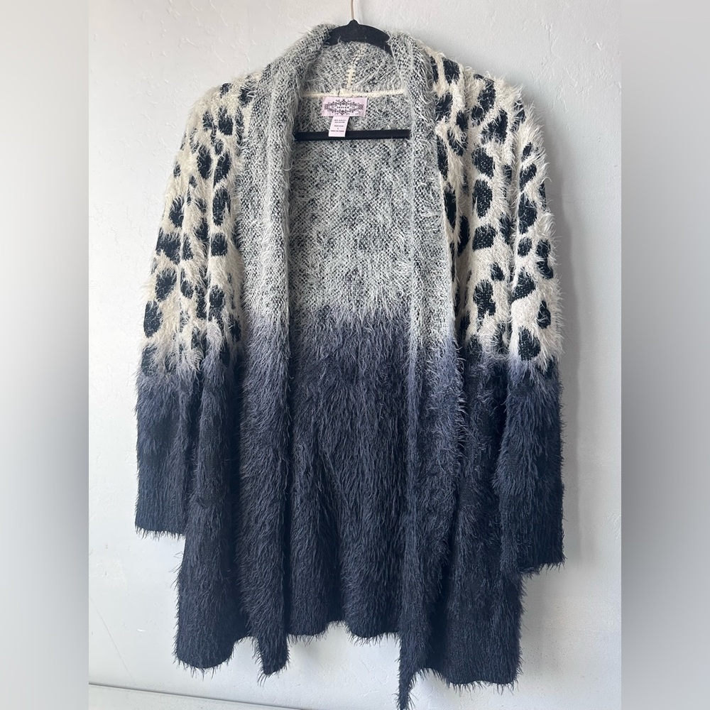 Oliver Fuzzy Cardigan Round Collar Animal Print Black Beige Open Front Size L